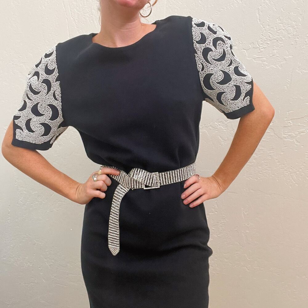 Vintage Designer 1980's Black Wool Pearl Puff Sleeve Knit Dress